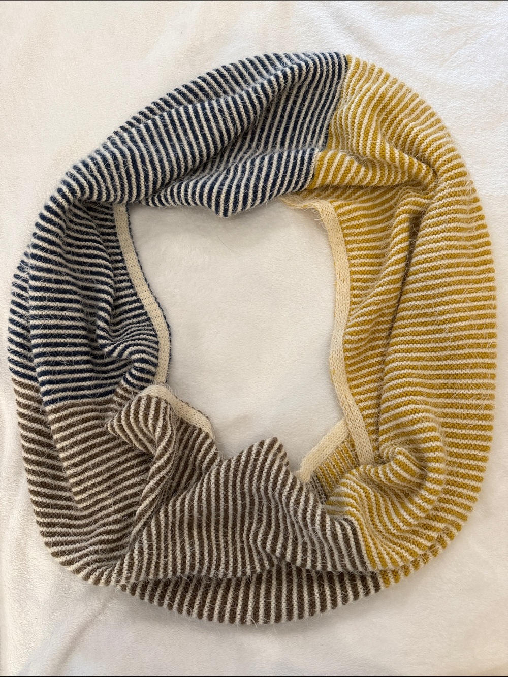 Striped Multicolor Knit Infinity Scarf - Yellow, Navy, Brown